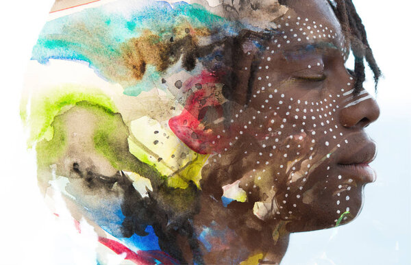Paintography. Relaxed African man combined with double exposure art techniques and hand drawn paintings