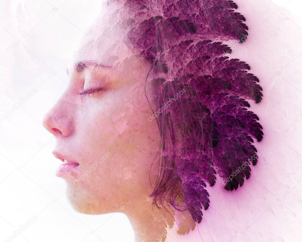 Fair skinned woman with a peaceful expression combined with purple fuscia feather like fractal emerging through her hair 