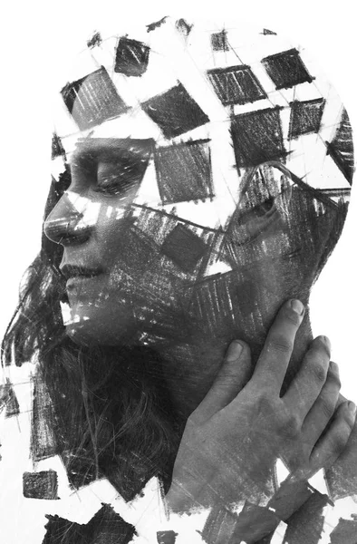 Elle Çizilmiş Kareler Yüzü Onun Nın Etkileyici Bir Görsel Efekt — Stok fotoğraf