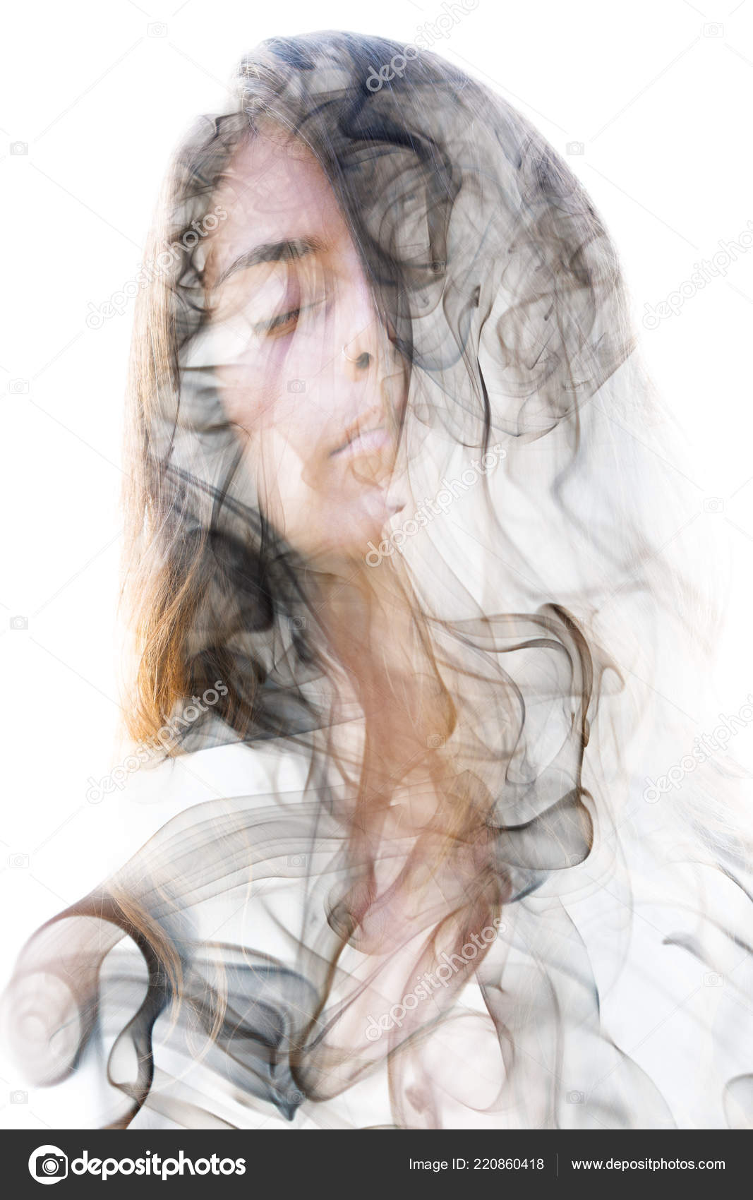 Her Wavy Hair Seamlessly Dissolves Swirls Smoke Creating Illusory