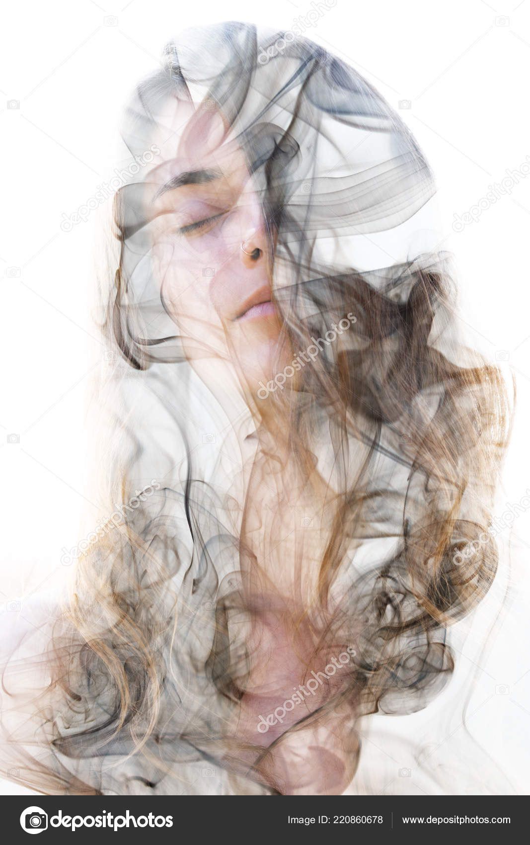Her Wavy Hair Seamlessly Dissolves Swirls Smoke Creating Illusory