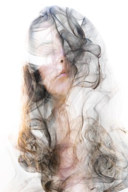  Her wavy hair seamlessly dissolves into the swirls of smoke, creating an illusory and dreamy feeling clipart