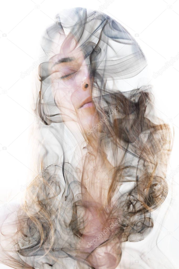  Her wavy hair seamlessly dissolves into the swirls of smoke, creating an illusory and dreamy feeling