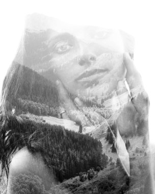 Double exposure of beautiful young woman and nature background. Mysteriously disappearing into the dense forest clipart