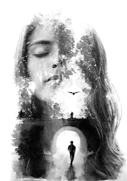 Pintografía Retrato Combinado Con Tinta Dibujada Mano — Foto de Stock