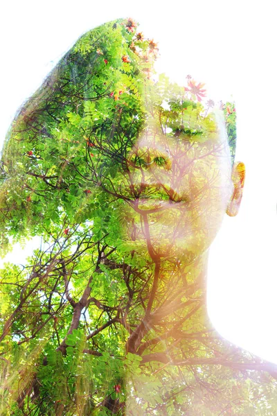 Double exposure close up of a young happy natural beauty and bri — Stock Photo, Image