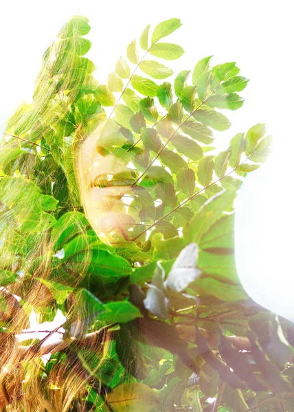 Double exposure close up of a young happy natural beauty and bri — Stock Photo, Image