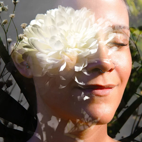 Double exposure close up of a young happy natural beauty and a l — Stock Photo, Image