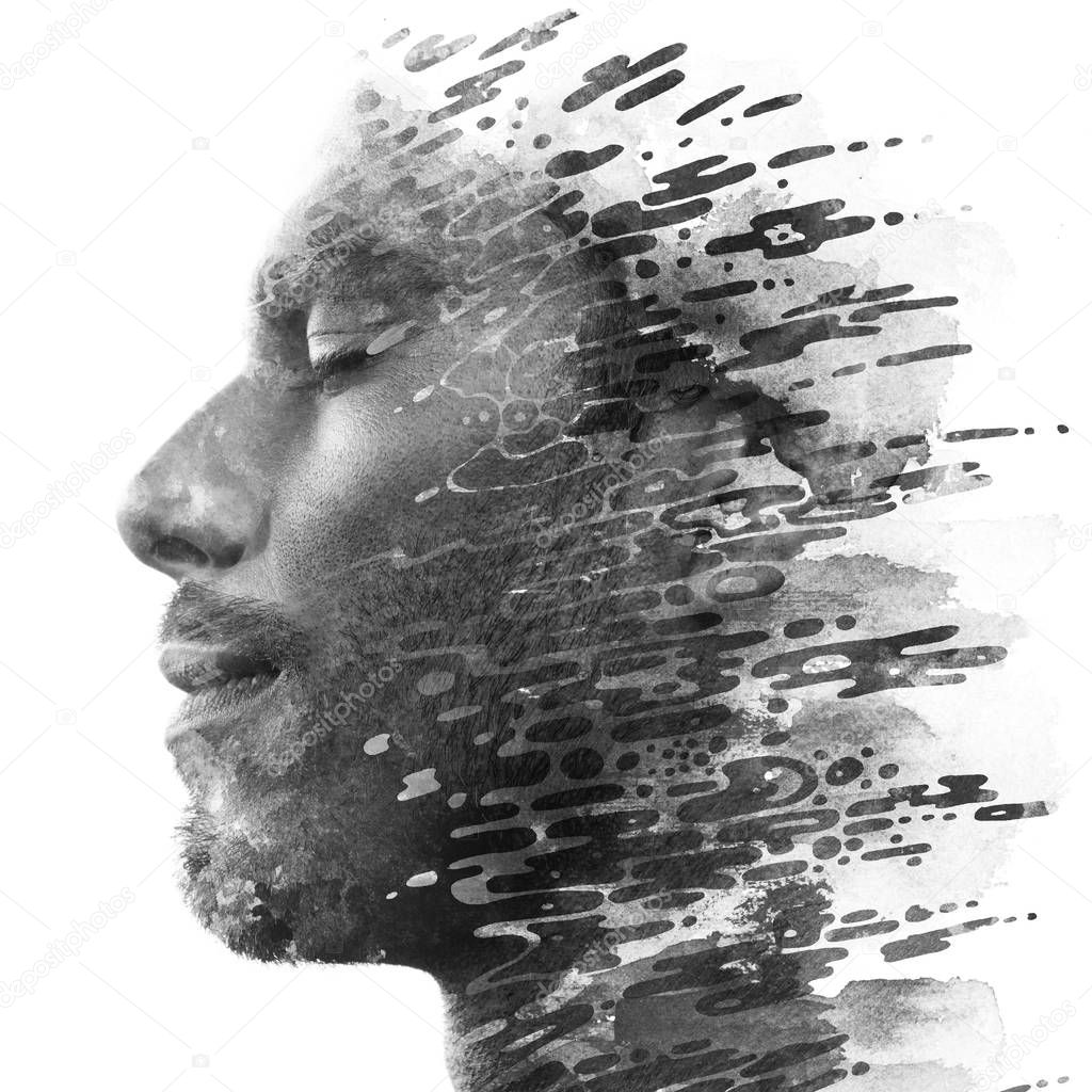 Paintography. Double exposure of a young male model combined wit
