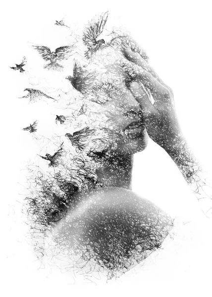 Paintography. Double Exposure portrait of an elegant woman with — Stock Photo, Image