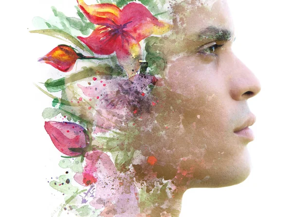 Paintography. Double exposure. Close up profile of man with stro — Stock Photo, Image