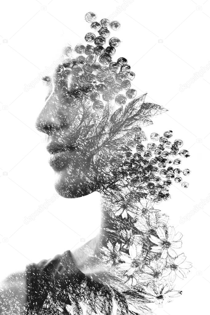 Paintography. Double Exposure portrait of a beautiful ethnic wom