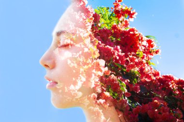 Çift pozlama profil kapalı gözler ile doğal güzellikleri ve