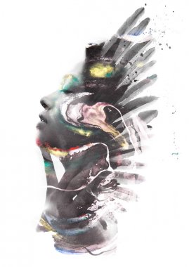 Boya grafisi. Güzel bir yo Çift Pozlama profil portre