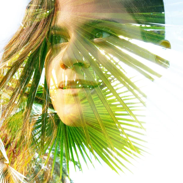 Double exposure close up of a young happy natural beauty and tro — Stock Photo, Image