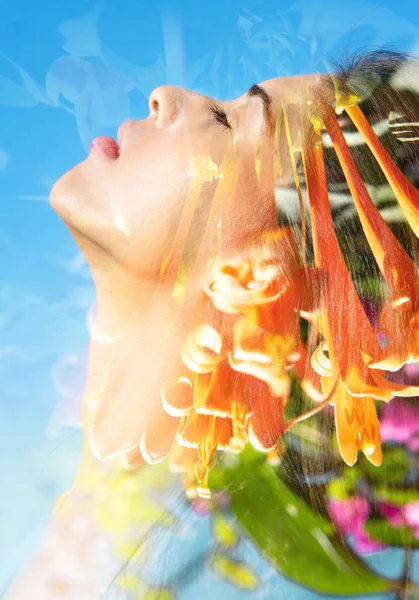 Double exposure of a young natural beauty relaxing and tilting h — Stock Photo, Image