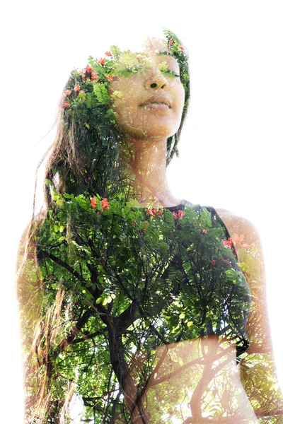 Double exposure close up of a young natural beauty with closed e — Stock Photo, Image