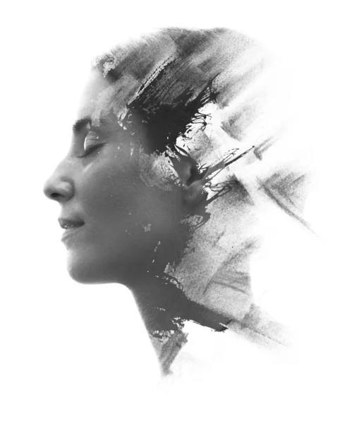Paintography. Double exposure portrait of a young woman���s prof — Stock Photo, Image