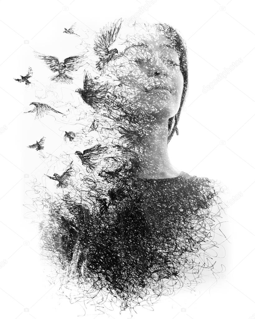 Paintography. Double Exposure portrait of an elegant woman with 