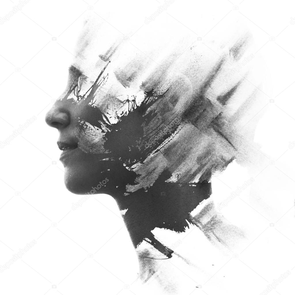Paintography. Double exposure portrait of a young woman���s prof