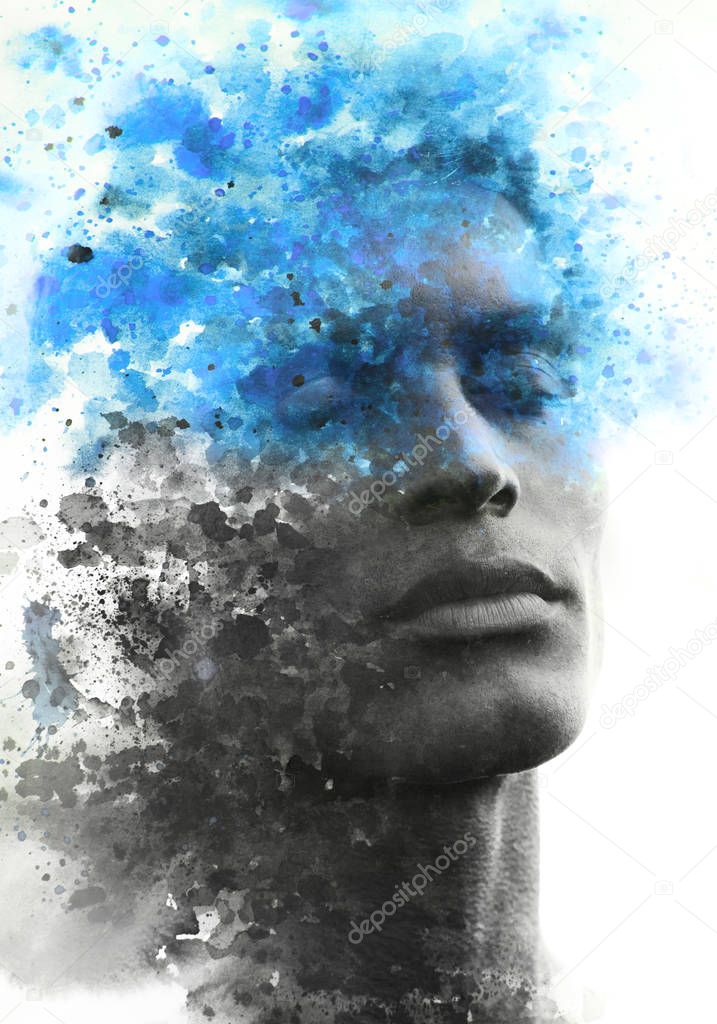 Paintography. Double exposure portrait of an attractive sexy mod