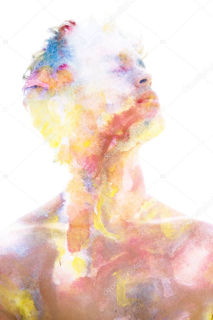 Paintography. Double exposure of an attractive male model combin