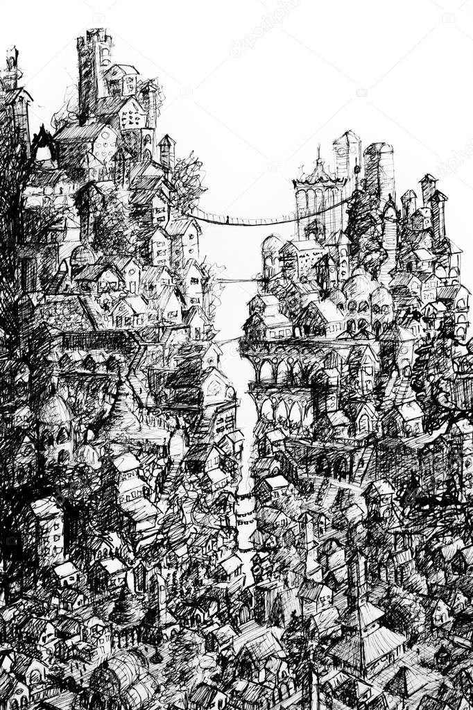 Hand drawn sketch of a mysterious densely populated town on a hi