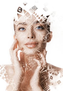 Çifte pozlama. Boya grafisi. Bir attractiv yakın portre