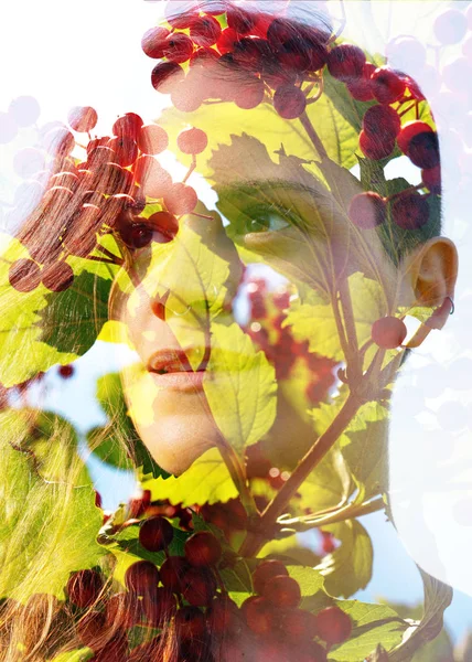 Double exposure close up of a young happy natural beauty and bri — Stock Photo, Image