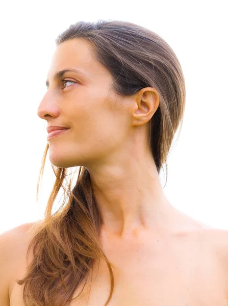 Close-up profiel portret van een aantrekkelijke vrouw met blote borst w — Stockfoto