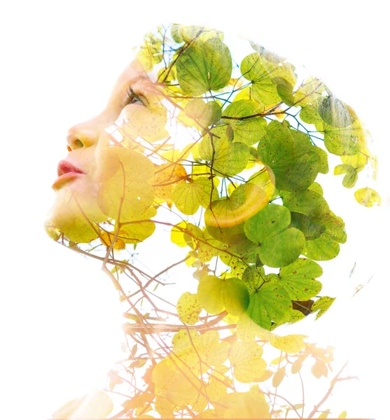 Double exposure portrait of a young child combined with lush, br — Stock Photo, Image