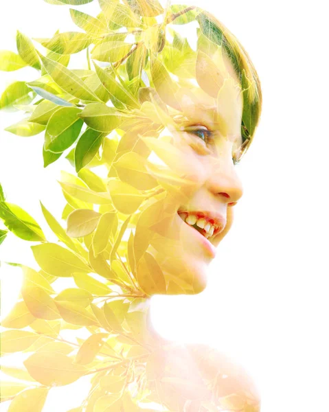 Double exposure portrait of a young child combined with lush, br — Stock Photo, Image