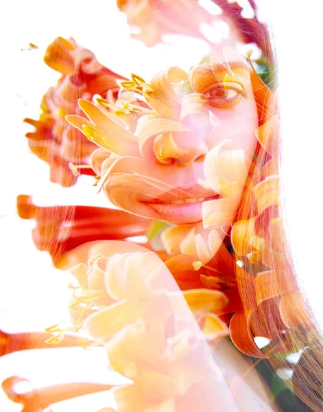 Double exposure of an exotic natural beauty with shoulder facing — Stock Photo, Image