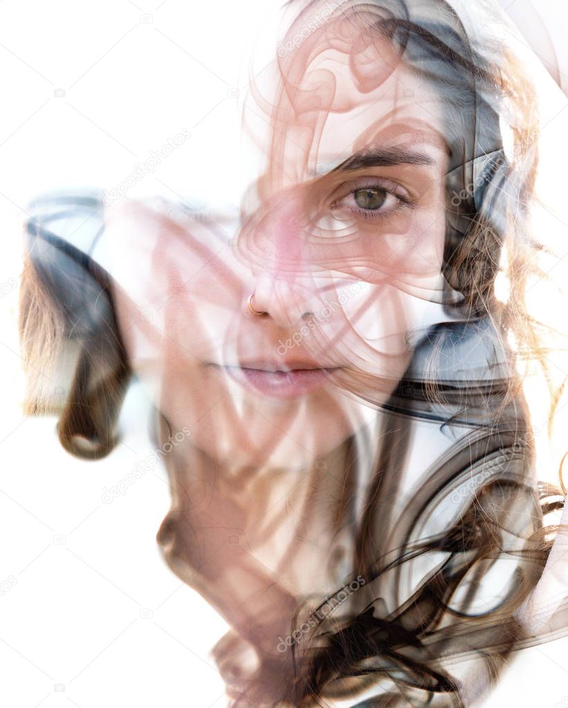 Double exposure portrait of a sensual model gently touching her 