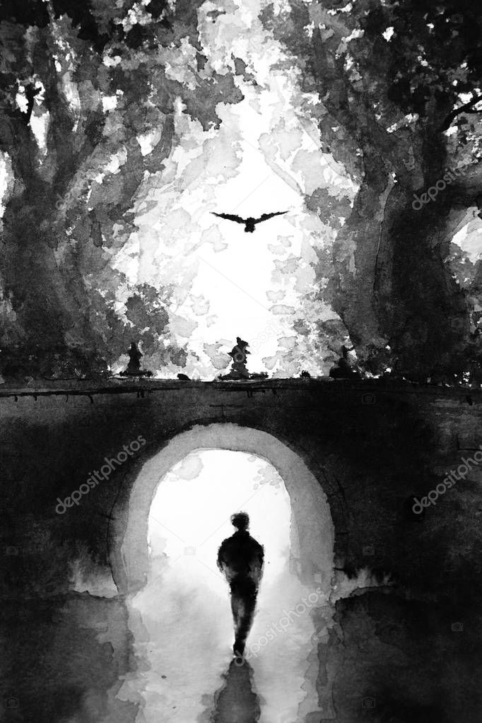 Original hand drawn ink painting of a person walking alone under