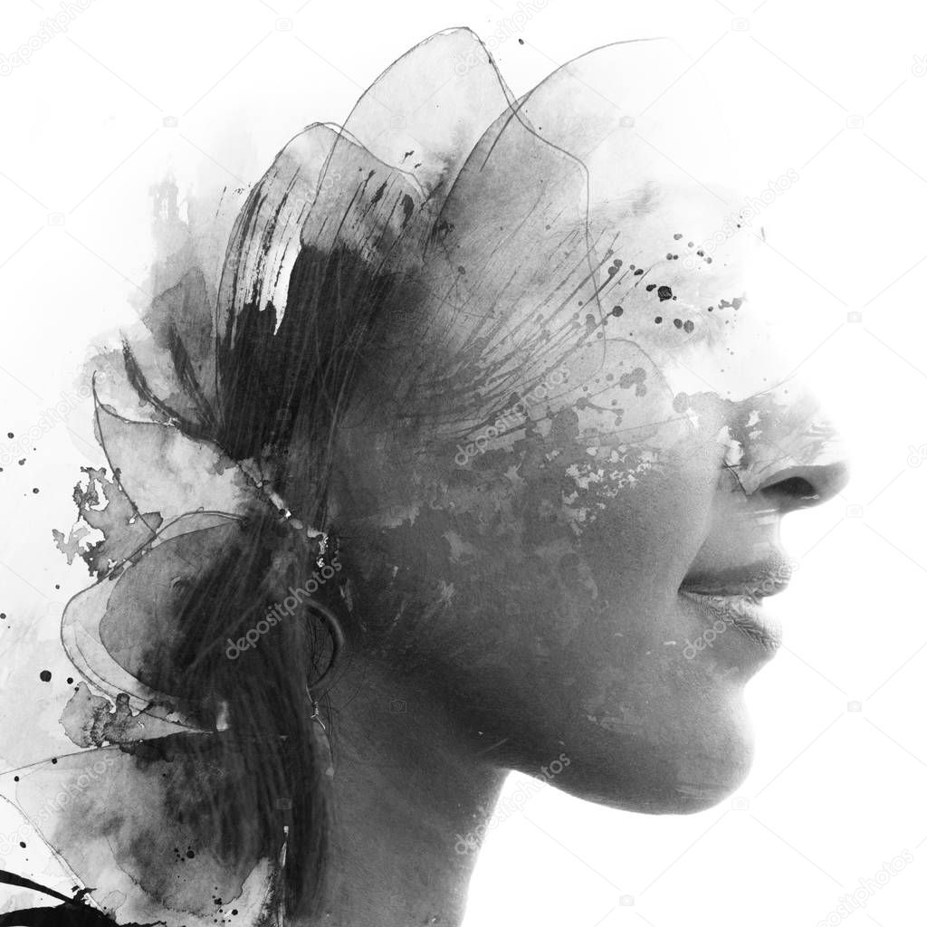 Paintography. Double Exposure portrait of a beautiful ethnic wom