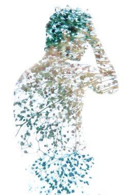 Double exposure, of a young shirtless man blended with bright tr clipart