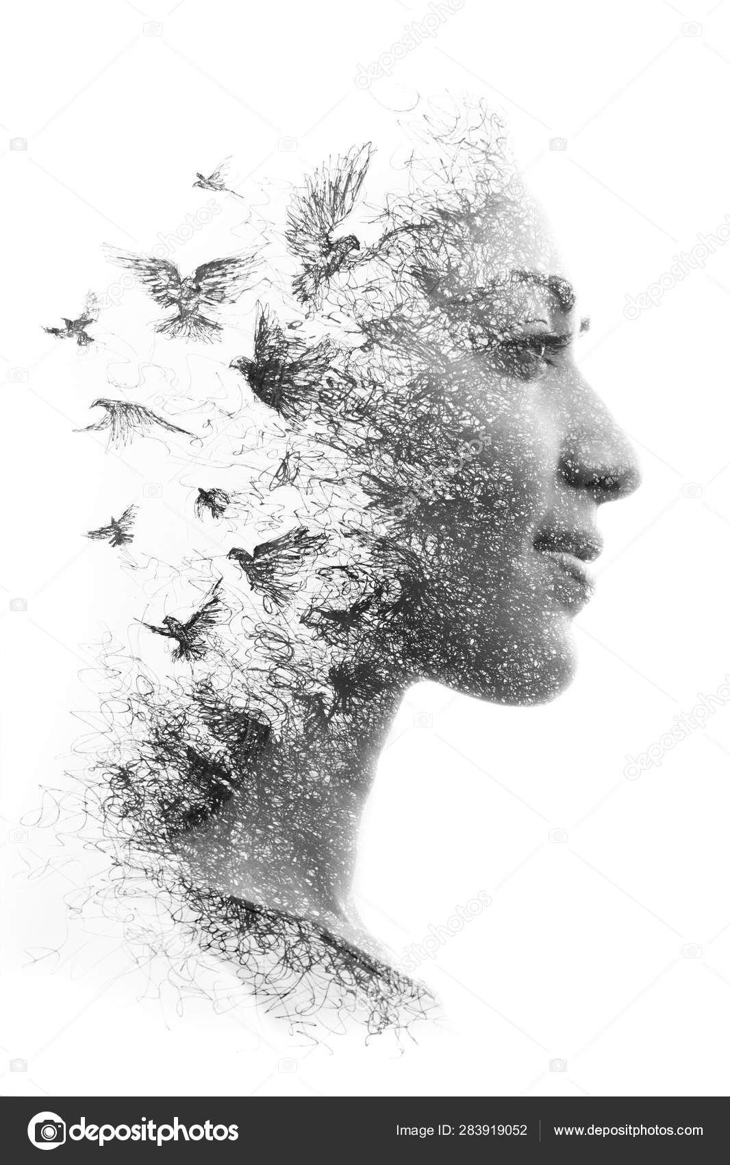 Malingsteknikk. Dobbelteksponeringportrett av en elegant kvinnes proff –  stockfoto © Victor_Tongdee #283919052, image size:1066x1700