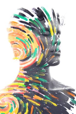 Boya grafisi. Kendine güvenen huzurlu m çift pozlama portre