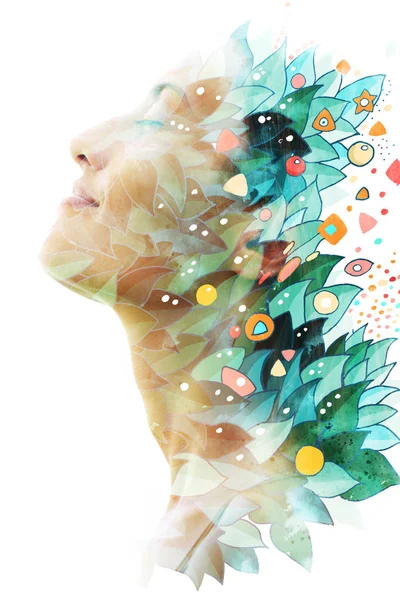 Paintography. Double exposure profile of a young natural beauty — Stock Photo, Image