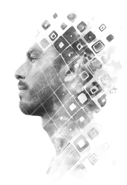 Paintography. Double exposure of an attractive male model combin