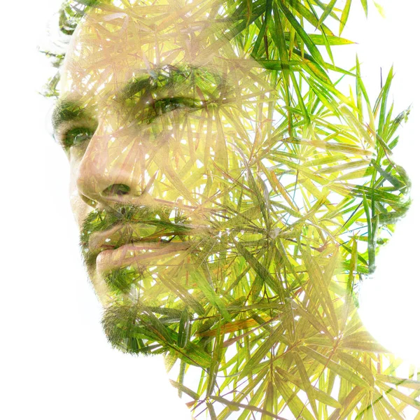 Double exposure of a young handsome man���s portrait blended wit — Stock Photo, Image