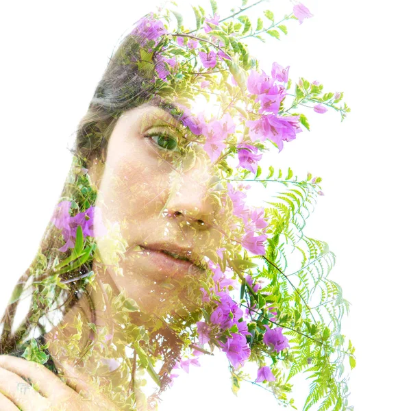 Double exposure of an elegant natural beauty looking into the ca — Stock Photo, Image