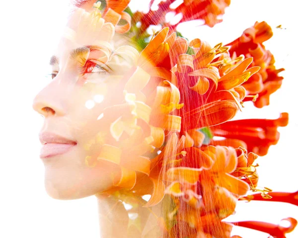 Double exposure profile of a natural beauty with lush orange flo — Stock Photo, Image