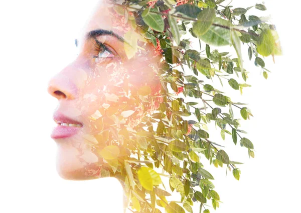Double exposure close up of a young happy natural beauty and bri — Stock Photo, Image