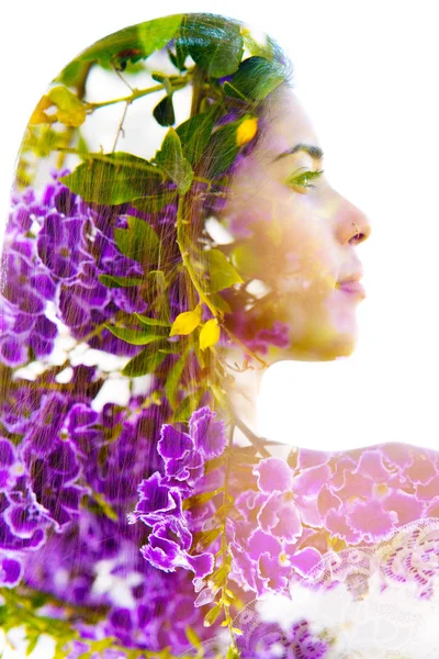 Double exposure of an exotic natural beauty with back facing the — Stock Photo, Image