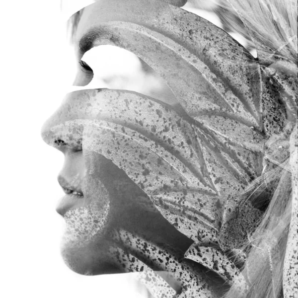 Double exposure close up portrait of an attractive blonde haired — Stock Photo, Image