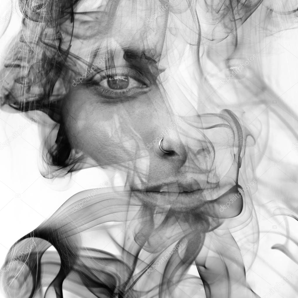 Double exposure close up portrait of a sensual model combined wi