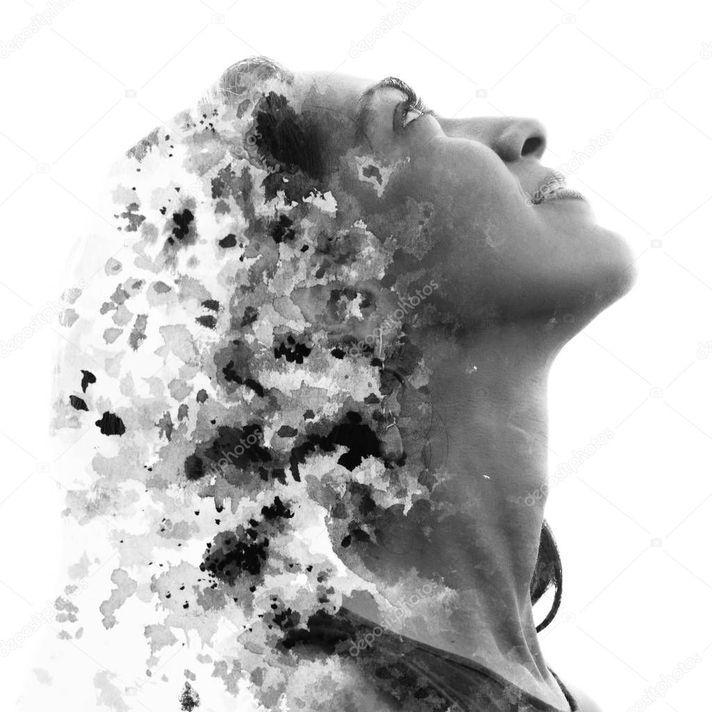 Paintography. Double Exposure portrait of a beautiful ethnic wom