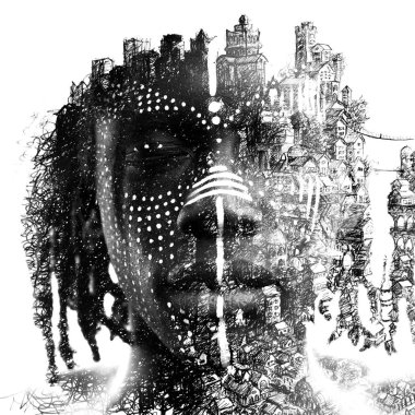 Boya grafisi. Yakın Afrikalı adam çift pozlama portre